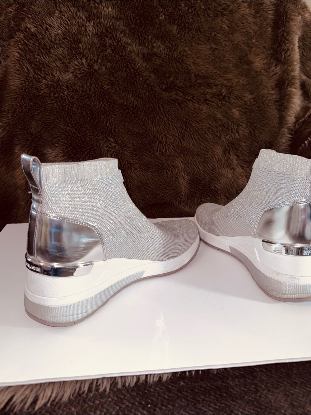 Michael Kors Silver Knit Slip-On Wedge Booties